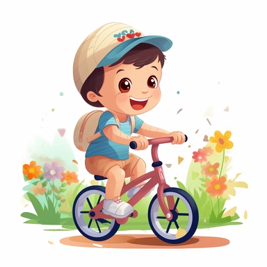 cute baby riding small bike at the park, summer time, no watermark, white background, clipart