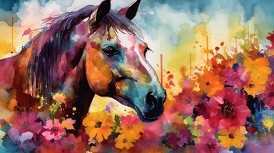 A vibrant watercolor of a single horse rendered as a digital clipart, drawing inspiration from the bold, expressive blooms found in Emil Nolde's garden paintings, featuring a vivid color palette that captures the flowers' natural radiance, illuminated by bright, contrasting light that emphasizes the rich, saturated hues and dynamic brushwork, and composed using an organic, free-flowing layout that conveys a sense of movement and growth.