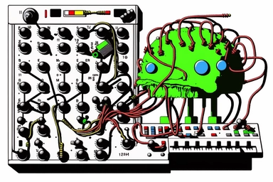 white background 1995 clipart cartoon, cool cigarette dude with giant brain playing a modular synthesizer,