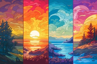 russian poster on canvas stock vector and clipart, in the style of luminous landscape painting, multiple screens, magenta and amber, noah bradley, calm seas and skies, panel composition mastery, vibrant neo-traditional
