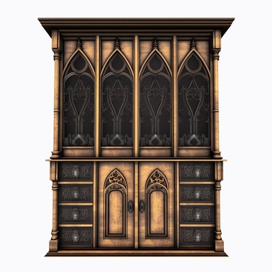 a Gothic square open cabinet with many drawers inside and a locked door in the middle, clipart, clear background, 4K, high quality, high details