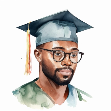 watercolor black male student with facial hair and glasses graduation clipart on a white background