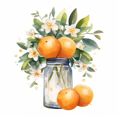 Create a watercolor oranges clipart with glass nd bouquets