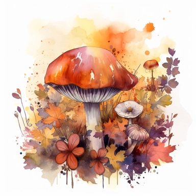 In this watercolor illustration, a mystical mushroom takes center stage, painted with vibrant hues and surrounded by delicate flowers and lush plants. The clipart design captures a magical scene, where fairies flit about in the air, their ethereal forms highlighted against a watercolor backdrop. The white background provides a stark contrast to the dominant autumn orange and browns color scheme, enhancing the enchanting atmosphere of the artwork. The intricate details of the flora and the playfu