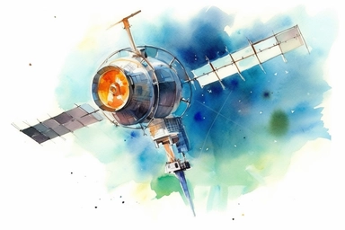 Watercolor, Create a visual representation of a satellite in a polar sun-synchronous orbit, passing over Earth's poles with consistent solar illumination clipart, hd, on a white background, spaced out