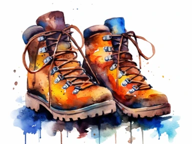 Watercolor clip art on white background, hiking boot, Clipart, high-resolution image with vibrant and true-to-life colors, isolated