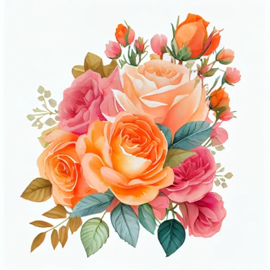 one bouquet arranged roses watercolor clipart, the colors are Apricot Orange and Bubblegum Pink arranged clipart, watercolor, 8k, white blank background