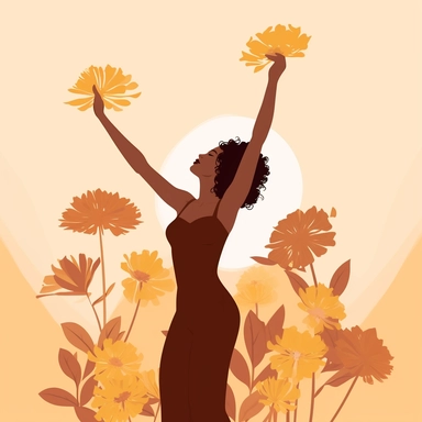 create a clipart aesthetic minimalist woman reaching a goal brown and light yellow shadows with flowers