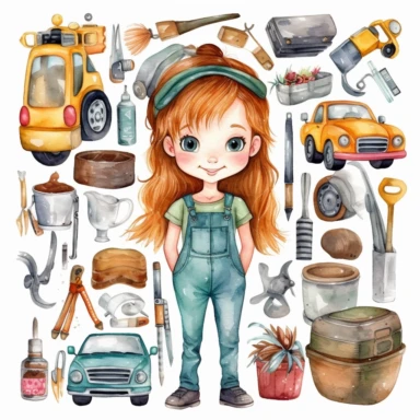 cute kawaii car girl mechanic, repairman tools, watercolor white background clipart set single elements with margin