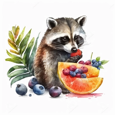 Watercolor clipart of cute racoon eating some exotic fruit, no text, white background
