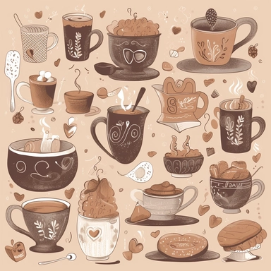 A charming coffee clipart set capturing the cozy and comforting aspects of coffee, including a warm coffee mug with steam rising, a heart-shaped coffee bean, a spoon stirring sugar into a cup, and a cozy knitted coffee cozy, Artwork, digital illustration with a whimsical and hand-drawn style,
