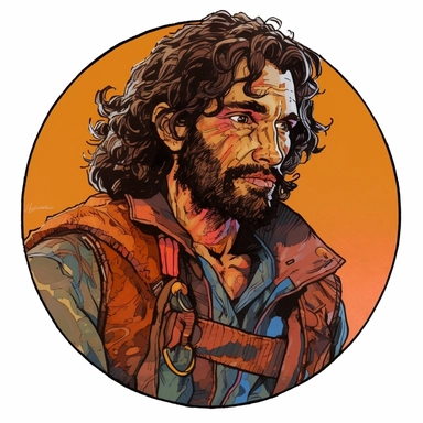 A circular tondo depicting a Dungeons & Dragons character lightly-armored African-heritage human weathered grungy hobo badass Arabian-style survivalist ranger warrior, Mike Allred Josh Kirby Mad Max Lord of the Rings, handpainted retrowave, clipart illustration, circle solid background