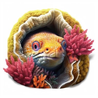 Clipart,An eel peeking out from a coral reef, hyperrealistic, hyper high definition