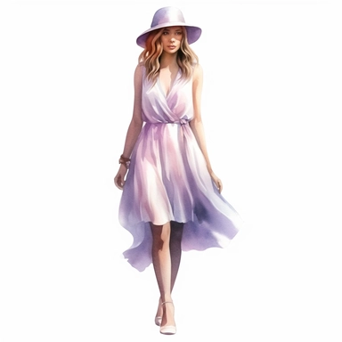 watercolor style, beautiful woman in summer dress in shades of mauve and white, realistic, clipart, isolated on white background, 4K