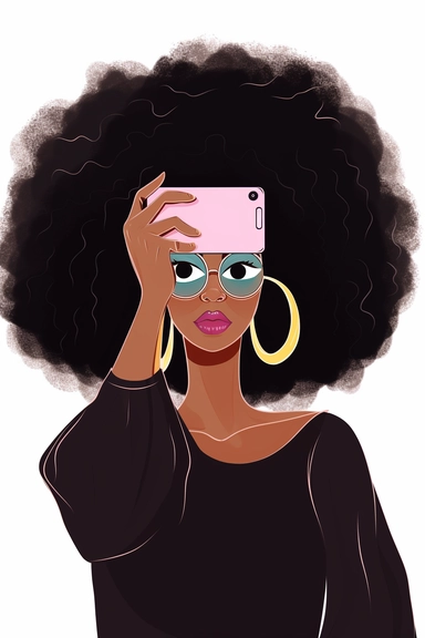 thick body black woman afro curly hair holding a phone taking a selfie, curly bang covers her eyes, no facial features, no face, wearing futuristic fashion, illustration style, flat design, procreate, clipart