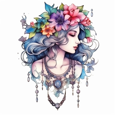 watercolor flower princess necklace drawing, illustration clipart, detailed, black outline, white background, digital art