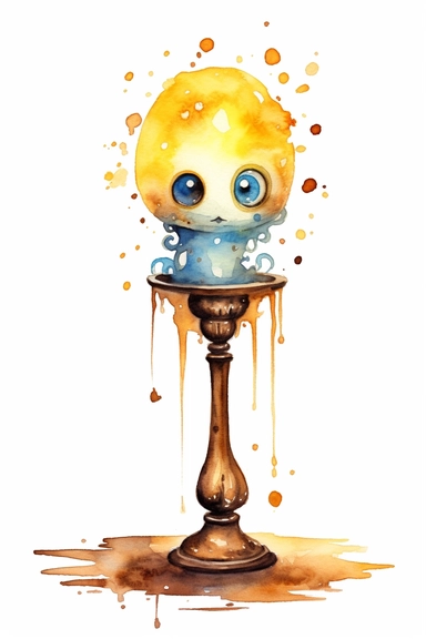 antique lampstand, candle, circular splash, funny, sweet, watercolor, watersplash, White Background, Clipart kawaii clip art, white background, illustration, detailed, realistic, botanical, adorable eyes, watercolor