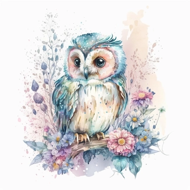 watercolor cute cartoon fantasy owl defined edges Floral Clipart pastel color white background