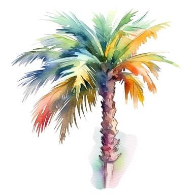 a palm tree in watercolor, in the style of chromatic post-impressionism, charming characters, dragon art, toy-like proportions, high resolution, subtle color gradations, softbox lighting, clipart, white background