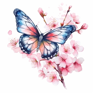 neon cherry blossom watercolor clipart with a butterfly flying