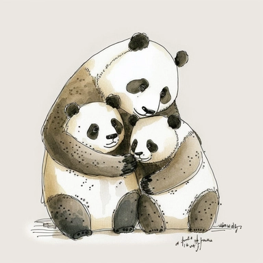 watercolor and ink drawing of a portrait of a family of three happy panda bears, one mom bear, one dad bear, one baby bear, clipart, embracing each other, cute pose, cartoon, doodle, happy, smiling, beautiful watercolor ink wash coloring, thick pencil lines, quentin Blake, Adrian tomine, popular on etsy, watercolor illustrations clipart, watercolor illlustrations for kids and children, book illustrations, plain white background