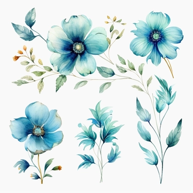 realistic watercolor aqua floral cliparts white background