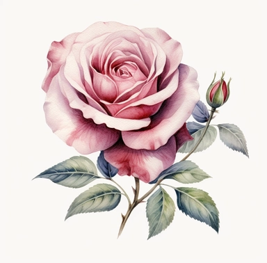 a watercolor rose and flower in pink and white, in the style of hyper-realistic animal illustrations, blink-and-you-miss-it detail, john tenniel, light gray and maroon, grandiose color schemes, close up, handcrafted designs, white background, high detailed, intense, clipart,