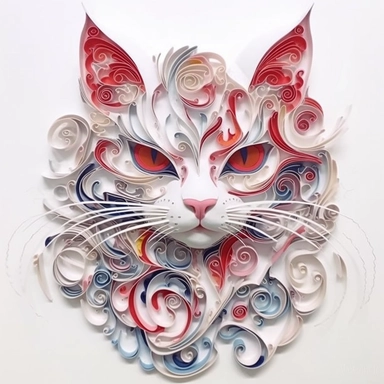 Maneki-neko, Domestic Shorthair, joyful, paper quilling In the style of Brian Froud & Alan Lee, clipart, complex design, dreamy color, white contour, white background only