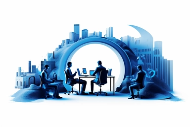 clipart, digital mood, blue color mood, on the left side working desk with 3 guys working on a project, and on the right one person sitting on a desk waiting for the results. The desks should be connected with a digital bridge