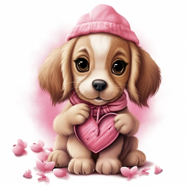 a very cute cuddly eyes happy puppy wearing a pink coat giving out heart's clipart Easter spring bunny scrapbooking Crafton digital paper white background
