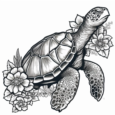 Vector Graphics turtle clipart Example: Midjourney image of a vector graphics turtle and flowers clipart with a white background thick outline sticker