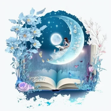 fantasy scene coming out of an open book, moon fairies stars, florals, magical, watercolors, Clipart, pastel blue color theme