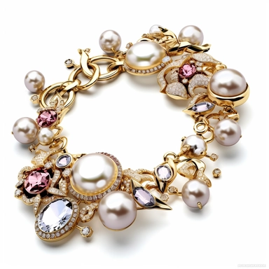 generate a clipart depicting perfect gemstone bracelet with intricate details and a lustrous surface. slender and lightweight small gemstone swarovski charms top view for product sales sophisticated locking ornament S-hook clasp truly timeless elegance premium luxury AAA+ opal adularescence incorporating precious gemstone gold druzy treasure delightful expensive big very clearly baroque pearl luster organic forms gold plated fresh water pearls ornate seamless pattern photo realistic honestly rea