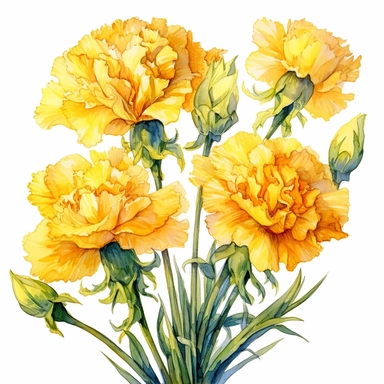 Watercolor yellow carnation clipart on a white background in the style of feminine sticker art, Tanya Shatseva, storybook illustration, bright yellow and golden hues, Georgia O'Keeffe, flower and nature motifs, colored line art, colored outlines, cottagecore design, watercolor on white background, ombre, sunny tones, colored line art, colored outlines, iridescent ombre, gradient shading, symbol of cheerfulness, vibrant digital art oil paint photorealism, an illustration of a colored flower, meti