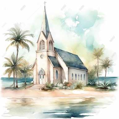 imaginewatercolor pastel clipart wedding church on beach HD 4K Detail, white background