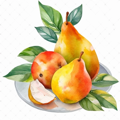 An pear fruit with a slice cut out, placed on a plate or tray with other fruits or desserts, Watercolor, pastels, clipart, beautiful, colourfull, png transparent white background, high resolution, no caption q4 s2