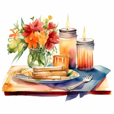 Watercolor Create a clipart of a beautifully set table with candles, flowers, and the couple's favorite dinnerware, ready to enjoy the homemade tamales on a white background--hd--ar3:2--1000