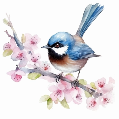 Superb Fairywren sits on a sakura branch on a white background, illustration in watercolor style, drawing done in professional glazing technique, expressive details, realistic drawing technique, saturated colors, harmony with nature, pronounced contours, clipart, a masterpiece, white background