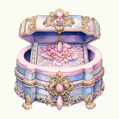 Watercolor detailed intricate jewellery box with glass panels for a princess in soft colors with diamonds clipart - Image #1 <@1098423716465102849> - Image #1 <@1098423716465102849> - <@1098423716465102849> (fast)