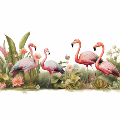 large-scale mural depicting a colorful and lively scene of flamingos in their natural habitat, Clipart, white background