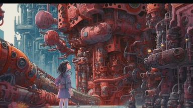 The little girl stands in the huge temple of pipes and machinery, surrounded by steam, giant gears and machine giants with their bodies cut off,an anime clipart image showing another robot in a factory, in the style of surrealistic grotesque, colorful moebius, silver and red, intricate underwater worlds, focus on joints/connections, contrast of scale,