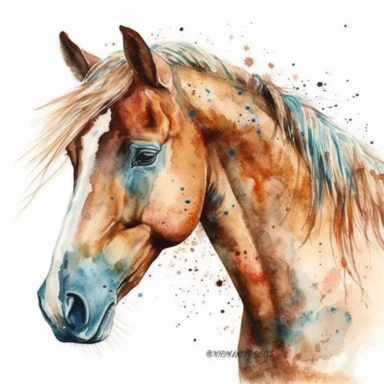 Mustang Horse, highly detailed, watercolor, clipart, illustration, white background, digital painting, paper crafting, no signature, no text
