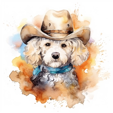 Maltipoo dog wearing cowboy hat, watercolor, sharp illustration clipart, insane detail, white background