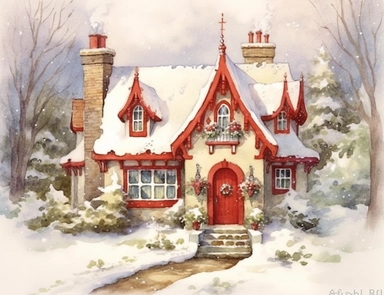 stunning red fairytale Christmas cottage in snow , beautiful Christmas clipart, soft faded colors, beautiful watercolor art by Marjolein Bastin, Thomas Kinkade, Carl Larsson, Norman Rockwell, Susan Wheeler, white background