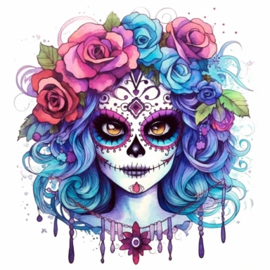 Day of the dead la catrina in the style of water color painting, vibrant colors, on a white background style by Lucy Fleming, watercolor, smooth gradients, black contour outline, ultra detailed, clipart elements, delicate pastel colors, solid white background, super clear, high quality