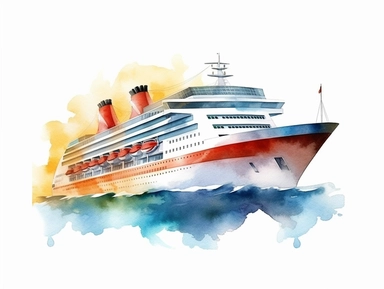 Watercolor clip art on white background, cruise ship, Clipart, high-resolution image with vibrant and true-to-life colors, isolated