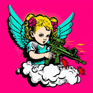 pop art baby sweat angel with machine gun K 112 drawing clipart animation realistic comic modern art