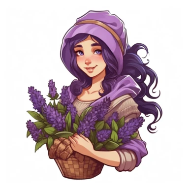 Cute Female Fantasy seller merchant Lavender flowers, Vector art clipart, solid white background