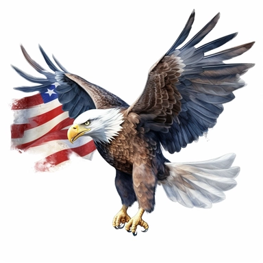 flying bald eagle with american flag in his talons, clip art, white background