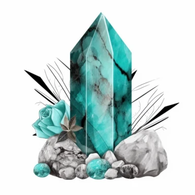 semi realistic illustration, clipart, boho altar, big turquoise narrow and tall crystal shape with matrix with natural gray rocks at the bottom, the turquoise crystal has visible black or brown matrix patterns throughout, 8k, high detail, pure white background with margins
